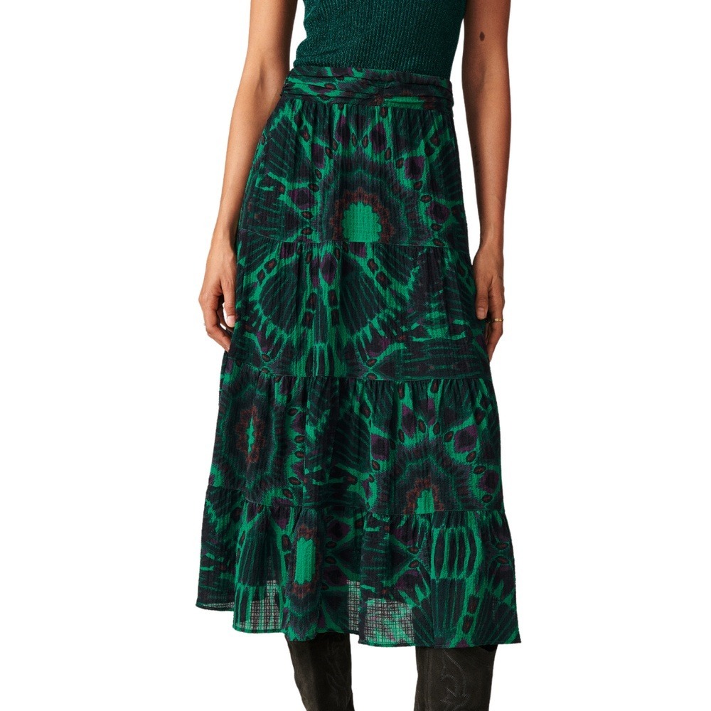 Ba&sh Claren XS Teal Green Purple Abstract Print Tiered Maxi Skirt Smocked Waist